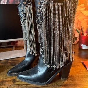 Black Cowboy Boots w Rhinestone Fringe